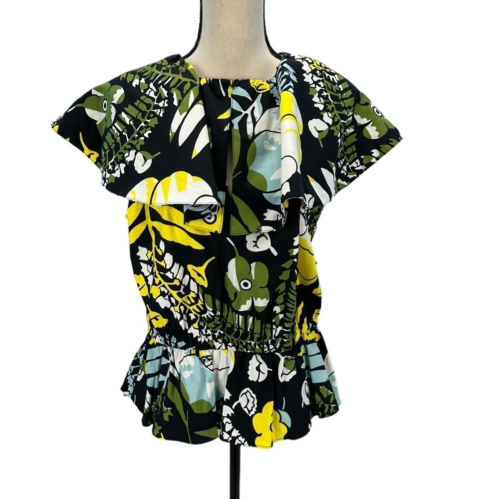 INC Sleeveless Ruffle Collar and Hem Blouse - Black Yellow Green Blue - size XL